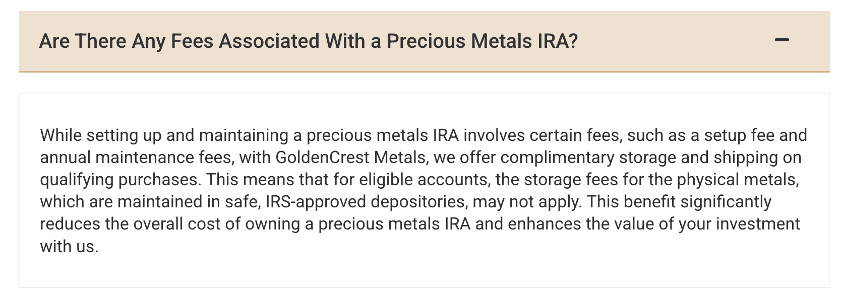 Image from the GoldenCrest Metals website explaining the fees associated with precious metals IRAs