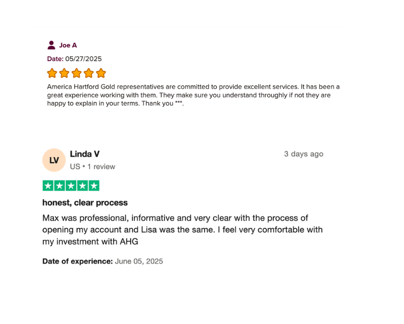 Image of reviews left by real customers of American Hartford Gold